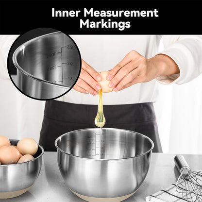 Stainless Steel Mixing Bowls with Lids – Set of 5 Large Nesting Metal Bowls for Kitchen, Baking, Cooking, Food Prep & Storage, Non-Slip Base, Dishwasher Safe,Khaki5