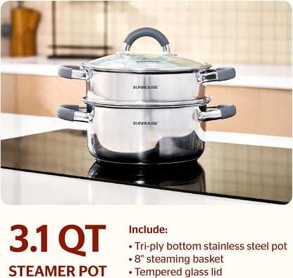 : 3 Quart Stainless Steel Steamer Pot - 2-Tier Cookware, Tempered Glass Lid, Stay-Cool Silicone Handles, 3-Ply Bottom, Dishwasher & Oven Safe | Steaming Pot with Glass Lid & Steamer Basket3