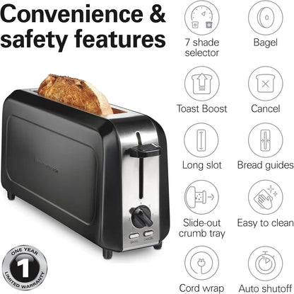 Slim Extra Wide Long Slot 2 Slice Toaster | Browning Control with 7 Shades | Auto Shutoff | Bagel & Cancel Buttons | Modern Slim Design Fits Any Space | Black | 229899