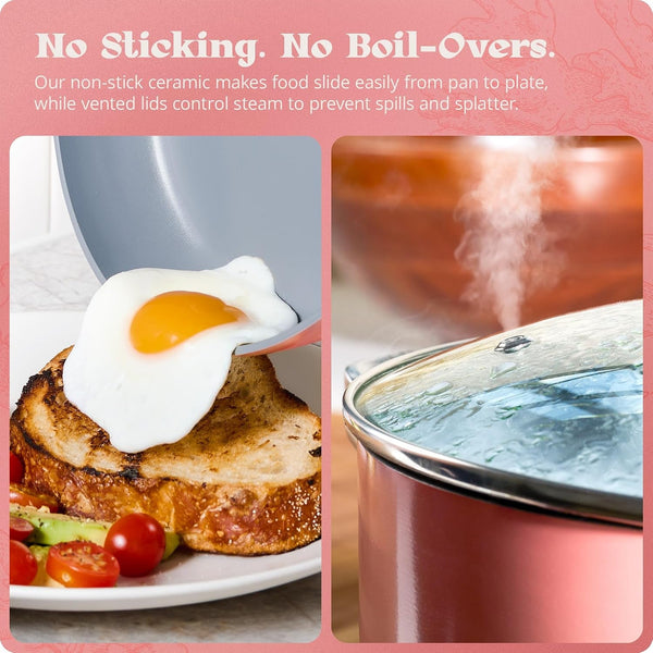 Premium Non-Toxic Ceramic Cookware Set – Triple-Layer Nonstick 12 Piece Pots and Pans with Lids, Pfas-Free, Oven Safe for Healthy Meals, Space-Saving Design, Coral Pink Color |5