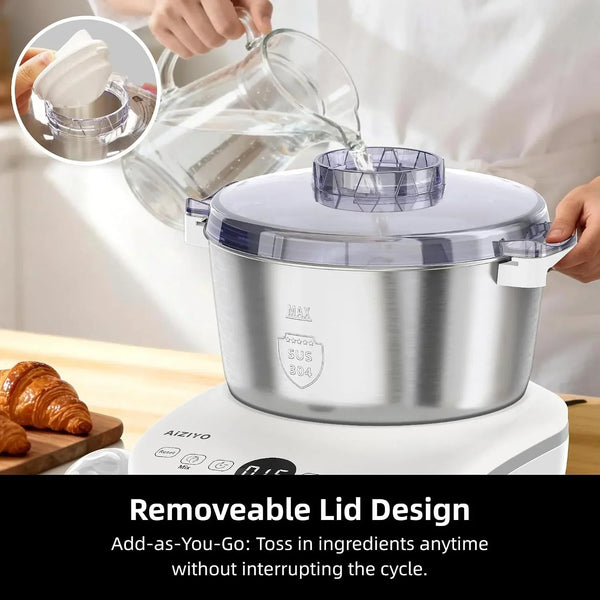 A person pouring water into a stainless steel AIZIYO electric food steamer with a removable lid.6