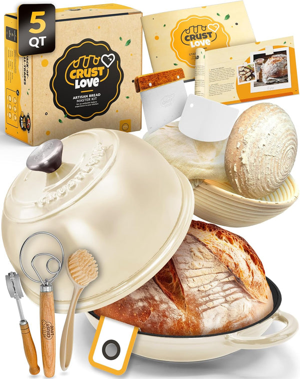 5 QT Enameled Dutch Oven for Bread Baking with Lid & Starter Kit | Dutch Oven for Sourdough Bread Baking, Enameled Cast Iron, Banneton, Bread Sling, Lame, Dough Whisk & Step-By-Step Guide1