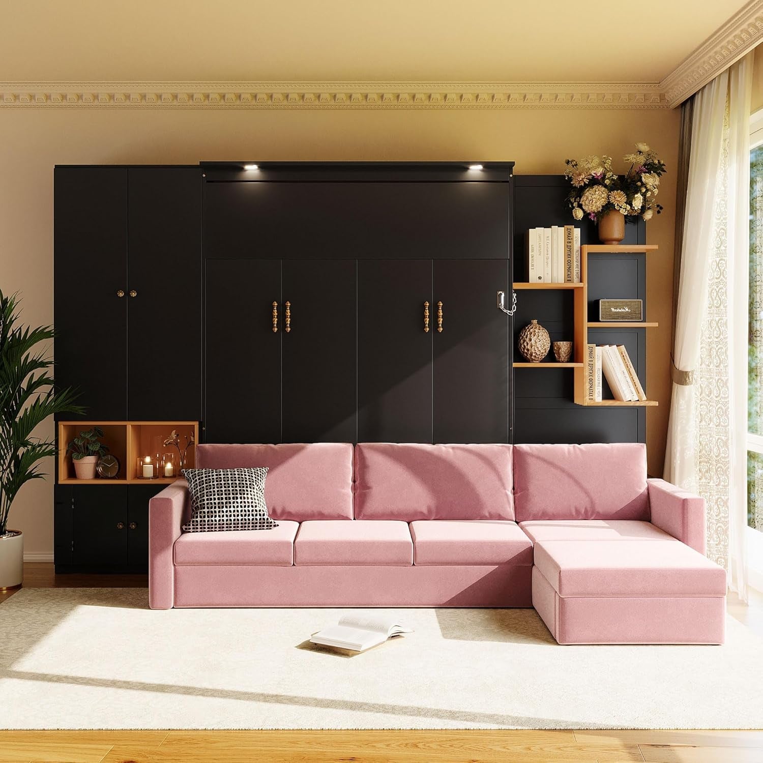 queen-size-murphy-bed-with-large-sofa-and-storage-shelves-for-bedroom-guest-study-room-space-saving-wooden-foldable-wall-bed-frame-with-dual-led-and-cabinets-no-box-spring-needed