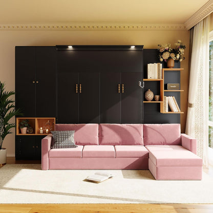 Queen Murphy Bed with Couch and Storage Shelves & Cabinets,Solid Wood Folding Murphy Wall Bed Cabinet with Sofa for Adults,Bedroom,Office,Space Saving (Black+Pink Sofa6)1