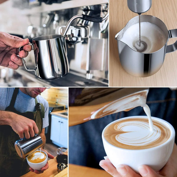 Milk Frothing Pitcher, 8.5Oz/12Oz/20Oz/32Oz/50Oz/66Oz Milk Frother Cup Stainless Steel, Espresso Accessories, Milk Steaming Pitchers Coffee Cappuccino Latte Art Barista Milk Jug Cup with Art Pen,12Oz2