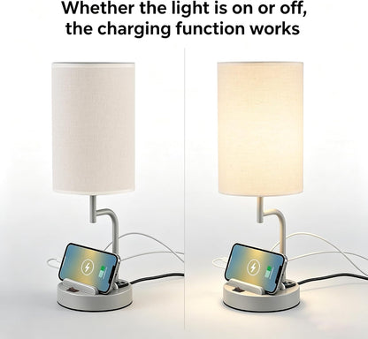 2 Pack Table Lamp, Bedside Lamp with 3 USB Charging Ports & AC Outlet, USB Desk Lamp with 2 Phone Holders, Linen Fabric Shade Nightstand Lamps for Bedroom Living Room Office, Gray3