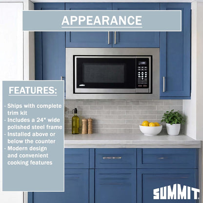 Summit 24" Built-In Microwave with Trim Kit, Stainless Steel - SMBI24 | 1000W Built-In Microwave with Stainless Steel Trim Kit Designed to Fit 15 3/4" H X 22 1/2" W X 18 1/4" D Wide Cutouts6