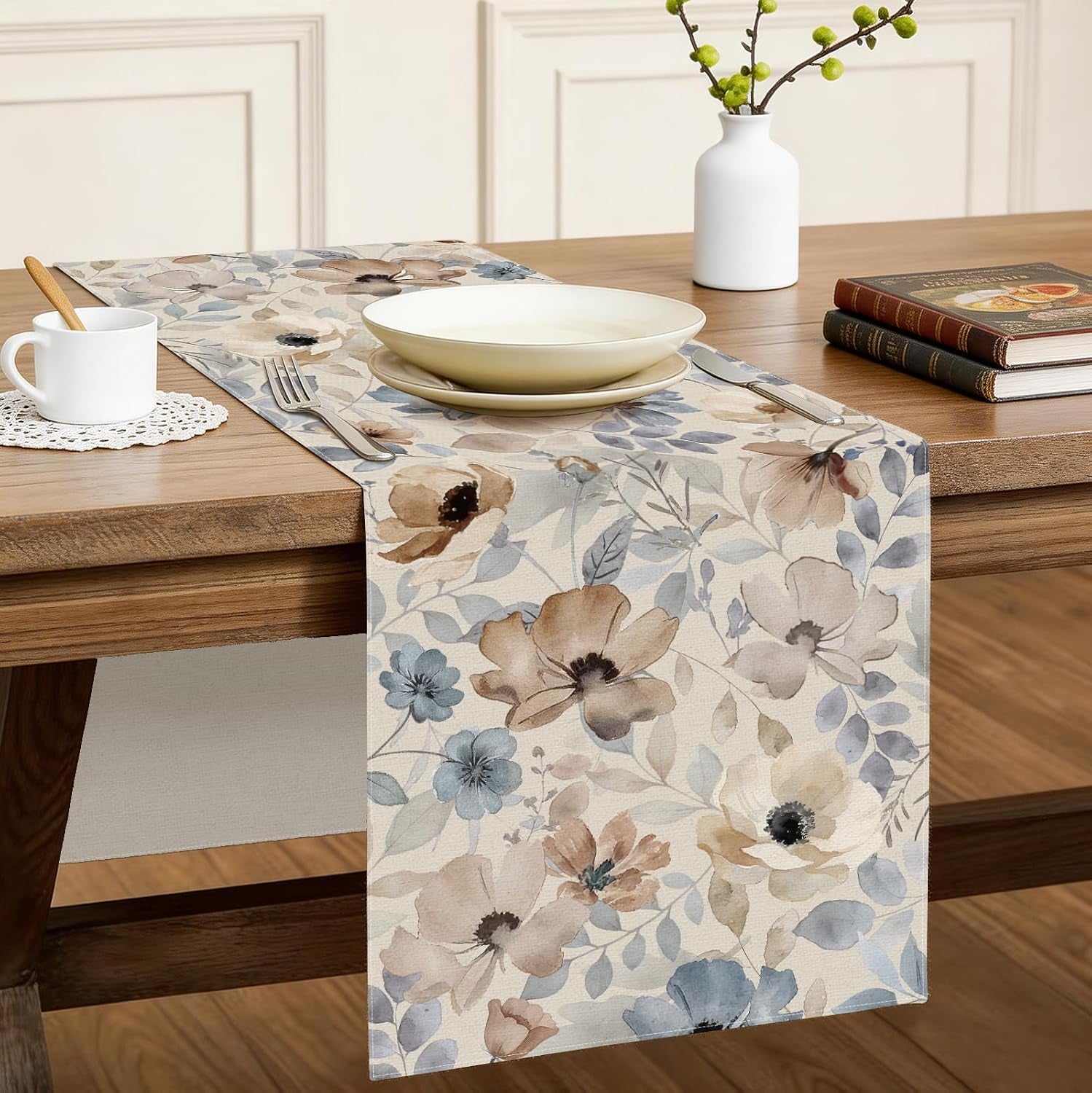 watercolor-floral-table-runner-blue-beigeneutral-linentexture-13x72inches