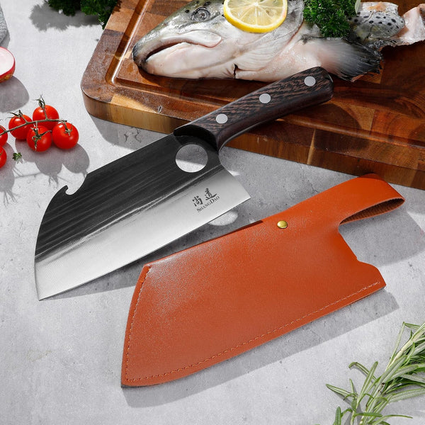 7" Deba Knife, Hand Forged Cleaver Butcher Knife for Meat Cutting, Japanese Kitchen Viking Knife with Sheath, Cooking Knife for Kitchen and Outdoor Camping, Thanksgiving Christmas Gifts2
