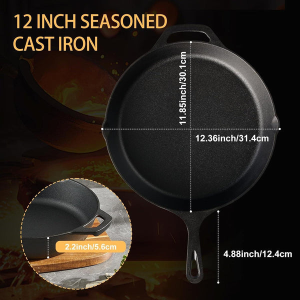 Cast Iron Skillet 12 Inch, Pre-Seasoned Frying Pan, Heavy-Duty Professional Restaurant Chef Quality Cookware with Drip Spout, Indoor & Outdoor Use, Compatible with Oven, Stove, Grill & Campfire2