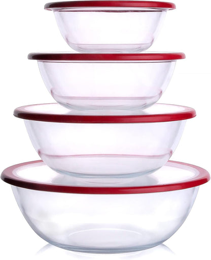Glass Mixing Bowl with Lids Set, 8 PCS Glass Salad Bowls for Oven. Microwave and Dishwasher Safe (0.7L + 1.3L + 2L + 3L)1