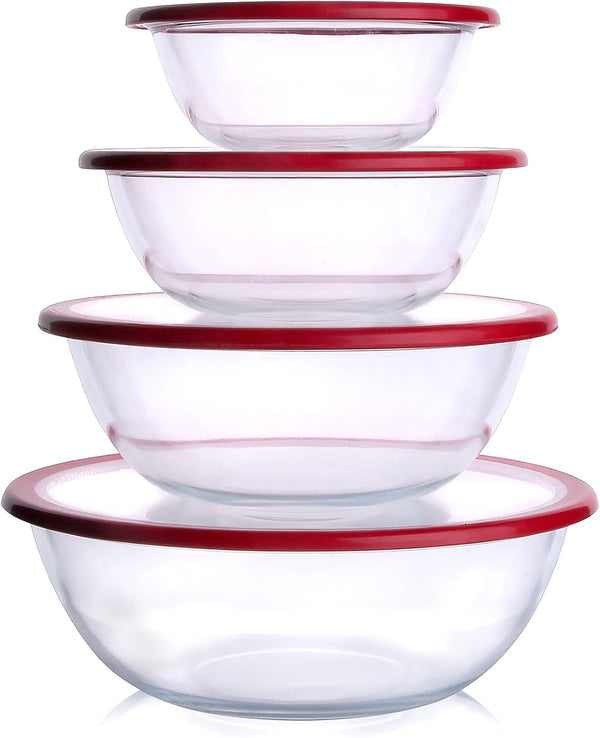 Glass Mixing Bowl with Lids Set, 8 PCS Glass Salad Bowls for Oven. Microwave and Dishwasher Safe (0.7L + 1.3L + 2L + 3L)1