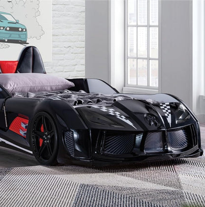 Race Car Twin Size Bed Frame for Boys with LED Lights, Music Player & Magnetic Doors | Kids Bedroom Furniture, Black1