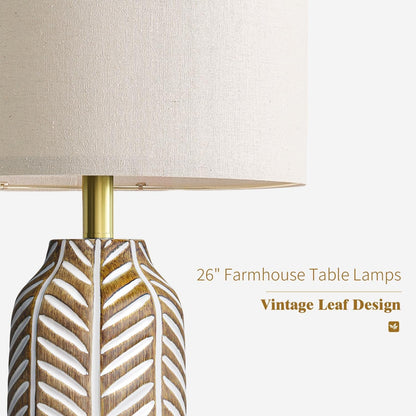 26" Farmhouse Table Lamps Set of 2 - Vintage Leaf Design, Rustic Resin Nightstand Lamps for Bedroom, Living Room, Nursery, Hallway, Elegant Living Room Lamps with Linen Shades Antique Brown3