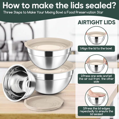 Stainless Steel Mixing Bowls with Lids Set of 3, 1.5/3/4.6Qt, Khaki3