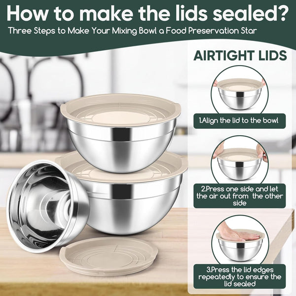 Stainless Steel Mixing Bowls with Lids Set of 3, 1.5/3/4.6Qt, Khaki3