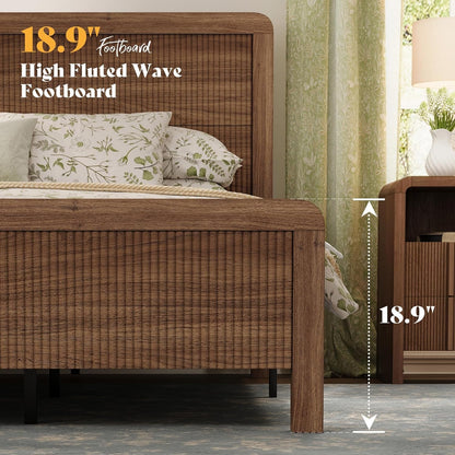 Queen Wood Bed Frame with Fluted Headboard & Footboard, Walnut4