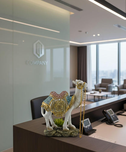 Ornate White Camel Figurine — Decorative Resin Camel Statue with Gold Embellished Saddle & Chain — Luxury Home Décor Accent for Mantel, Shelf, Tabletop (5.5 × 2 × 6 In, 0.4 Lb)5