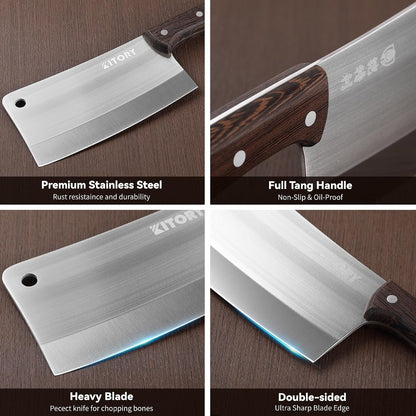 Meat Cleaver 7", Chinese Chef Kitchen Knife, for Meat and Bones, Versile Blade, Full Tang, Wood Handle3