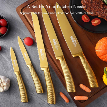 8Pcs Luxury Gold Kitchen Knife Set with Wooden Block,Elegant Gifts | High Carbon Stainless Steel Titanium Coated Chef Knives with Sharpener,Disherwash Safe,Housewarming Gift for Kitchen Decor8