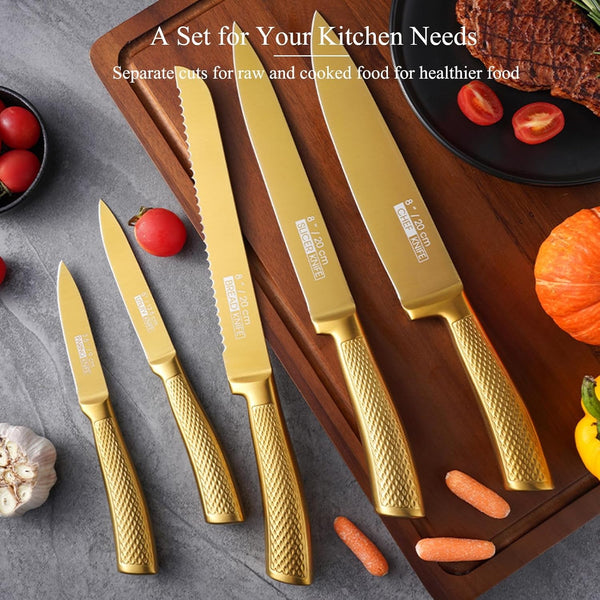 8Pcs Luxury Gold Kitchen Knife Set with Wooden Block,Elegant Gifts | High Carbon Stainless Steel Titanium Coated Chef Knives with Sharpener,Disherwash Safe,Housewarming Gift for Kitchen Decor8