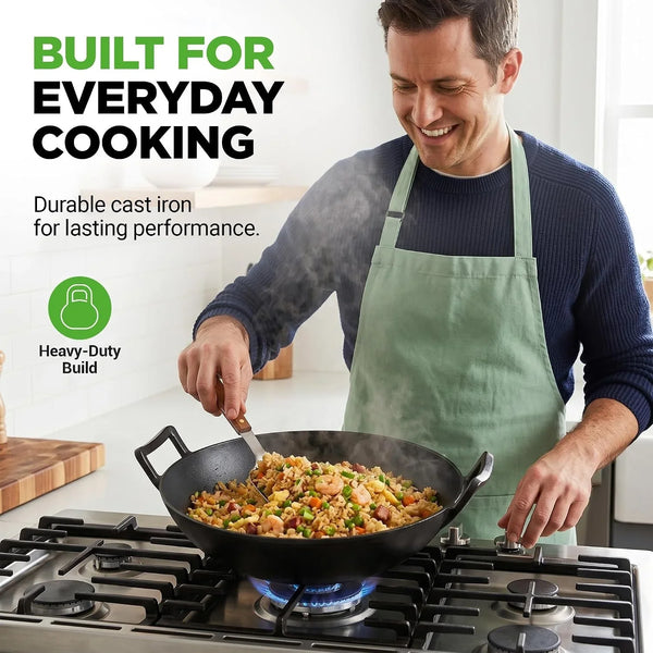 14" Cast Iron Wok with Wooden Lid - Pre-Seasoned Kadai for Stir-Fry with Loop Handles, Compatible with Multiple Cooktops Including Induction, Large 5.8 Qt Capacity4
