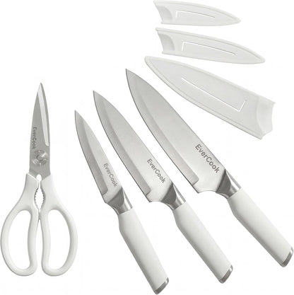 7-Piece Knife Set - Chef, Utility, Paring, Scissors & 3 Sheaths | Stainless Steel Cutlery, White Handles, Matte Finish, Hollow-Ground Blades, Electroplated ABS Bolsters, Comfortable Grip2