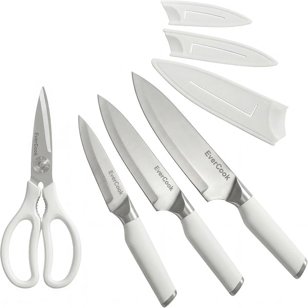 7-Piece Knife Set - Chef, Utility, Paring, Scissors & 3 Sheaths | Stainless Steel Cutlery, White Handles, Matte Finish, Hollow-Ground Blades, Electroplated ABS Bolsters, Comfortable Grip2