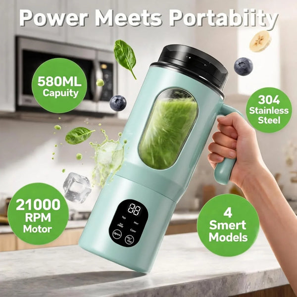 580ML Portable Blender with LED Display, 12-Blade USB-C Rechargeable Travel Blender with Handle & Extra Lid, Ideal for Kitchen, Office, Gym & Outdoor Sports3