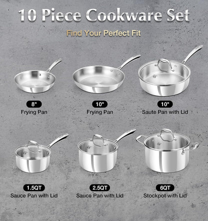 Tri-Ply Stainless Steel Cookware Set 10 Piece, Professional 18/10 Stianless Steel Pots and Pans Set, Oven & Induction Safe, Non-Toxic Kitchen Cookware Set for Family Cooking, 10Pcs4