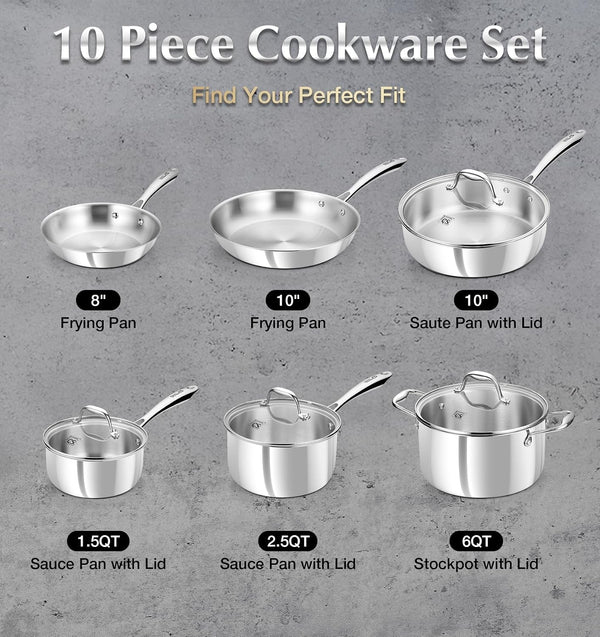 Tri-Ply Stainless Steel Cookware Set 10 Piece, Professional 18/10 Stianless Steel Pots and Pans Set, Oven & Induction Safe, Non-Toxic Kitchen Cookware Set for Family Cooking, 10Pcs4