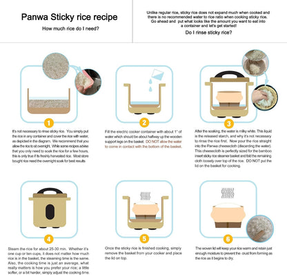 Handmade 100% Natural Thai Bamboo Sticky Rice “Electric Cooker Steamer Set”, Small Pot Insert ~ 6.5 Inch, Checkered Wicker Woven Lid, 16’’ Cheesecloth Filter, and Wooden Spoon5