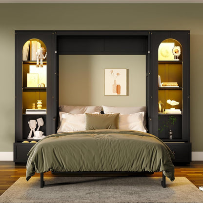 Queen Murphy Bed with Desk and Storage & LED Light, Solid Wood Hideaway Murphy Wall Bed with Storage Shelves Bookcase and Drawers for Adults Bedroom Office Library (Queen,Black)1