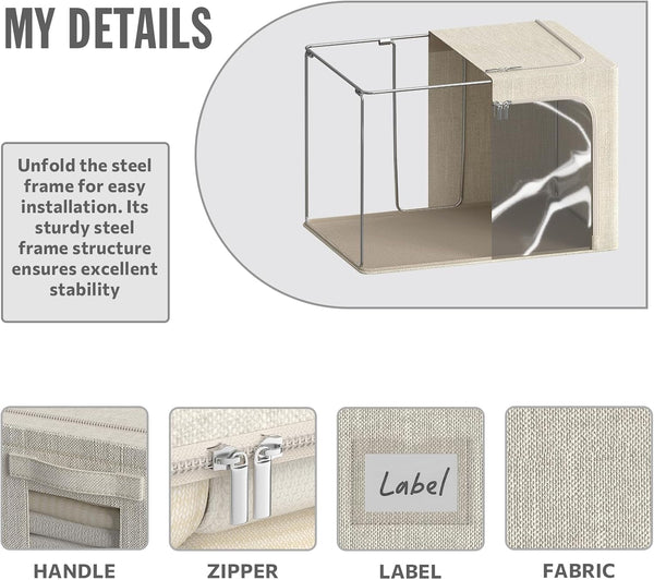 4 Pack Clothes Storage Bins with Metal Frame - 22L Stackable Storage Box with Lid，Foldable Storage Container Organizer for Clothes，Linen Fabric Storage Box with Clear Window＆Zippers＆Handles3