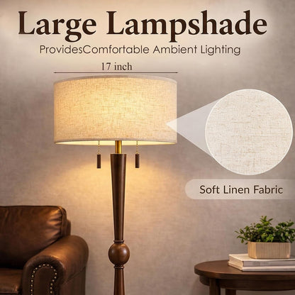 Solid Wood Floor Lamp for Living Room with Wooden Pull Chains | 62.8" Tall,Sculptural Wood Base & Stem,17" Linen Drum Shade,2-Light Standing Lamp for Bedroom & Reading Corner,Bulbs Included6