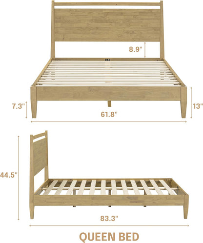 Adept Wooden Bed Frame with Headboard, Solid Wood Foundation with Silent Slats and Wood Central Supports, 1000 Lb Capacity, Effortless Assembly, Queen - Sand2