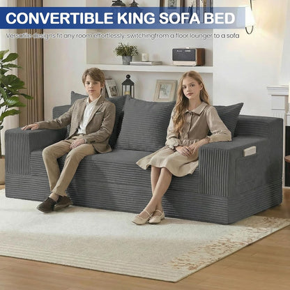 2 in 1 Convertible Boneless Couch Bed, Corduroy Futon Sofa Bed, Compression Folding Floor Couch Sofas Bed with 3 Pillows for Bedroom, Small Space Guest and Living Room Sofa (Grey, 78 Inches)8