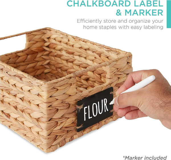 Set of 4 9X12In Water Hyacinth Pantry Baskets, Woven Organizers W/Chalkboard Label, Chalk Marker - Natural2