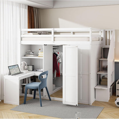 Full Size Loft Bed, Wood Bedframe with Wardrobe, Storage Stairs, Desk and Shelves for Kids Teens Adults Bedroom, White1