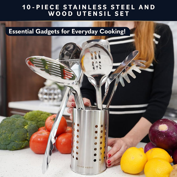 10-Piece Stainless Steel Kitchen Utensil Set with Wooden Handle2