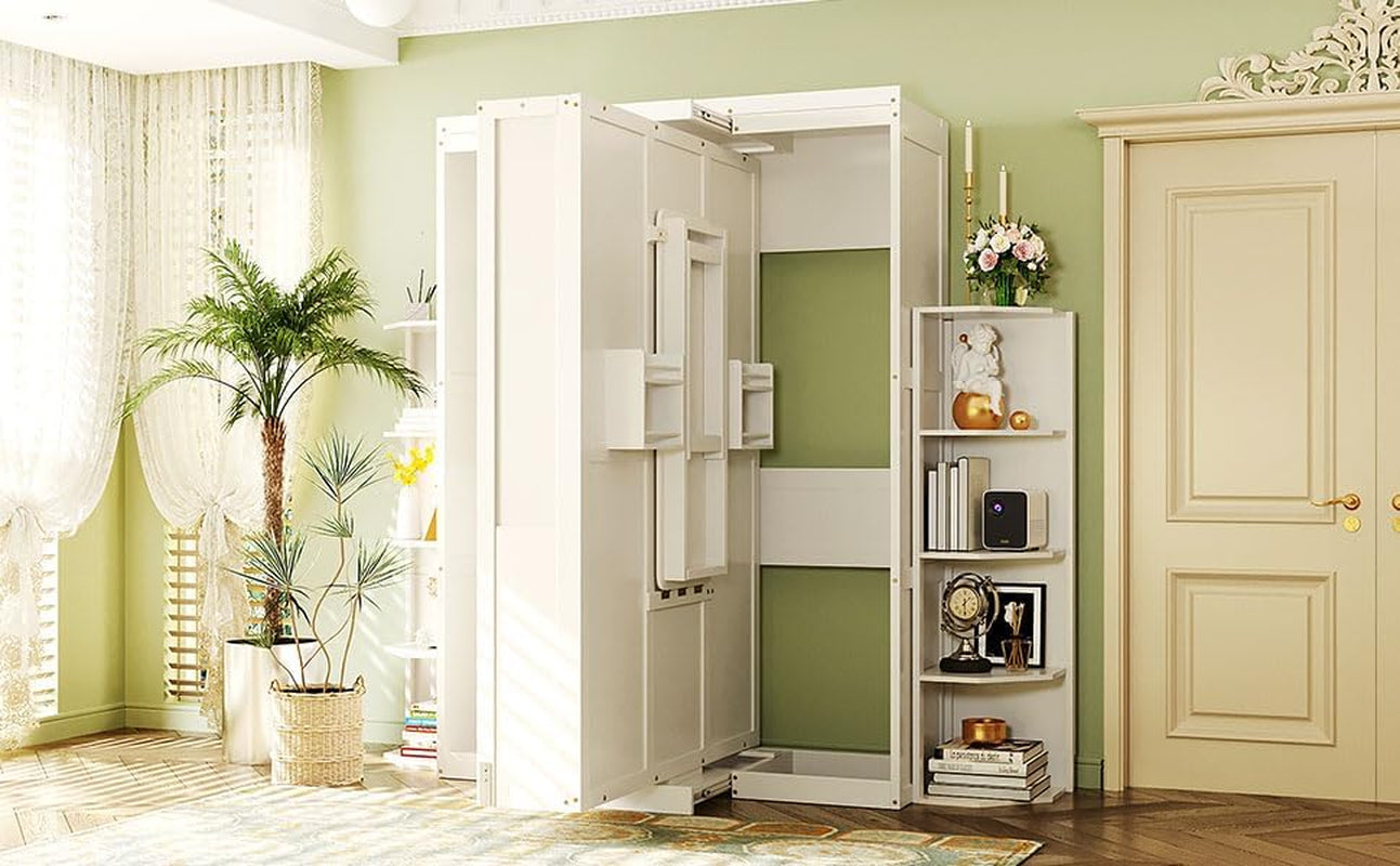 rotating-queen-murphy-bed-with-hidden-wall-cabinet-dual-3-tier-side-shelves-convertible-desk-white