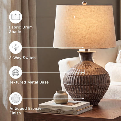 Signature Design by Ashley Magan Metal Table Lamp, 28", Antique Bronze | Antique Bronze-Tone Metal Base, Textured Pattern, Fabric Modified Drum Shade, Living Room or Entryway Use, 3-Way Switch6