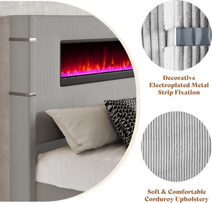 King Bed Frame with Fireplace, Upholstered Headboard, Light Gray7
