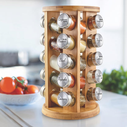 20 Jar Rotating Bamboo Spice Rack with Spices Included & 5-Year Free Spice Refill Program – Revolving Countertop Spice Rack with Glass Jars2