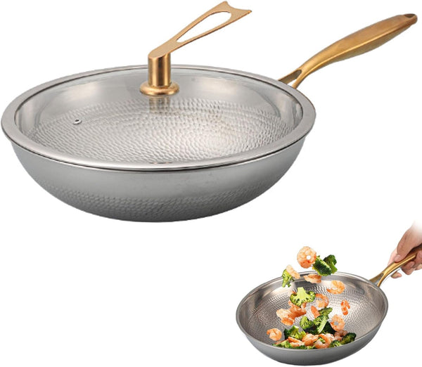 Titanium Hammered Wok Pure with Lid, No Coating Non-Stick Titanium Cookware, Frying Pans, Ultra-Durable, Scratch-Resistant, Even Heating Frying Pans with All Cooktops,13.39In1