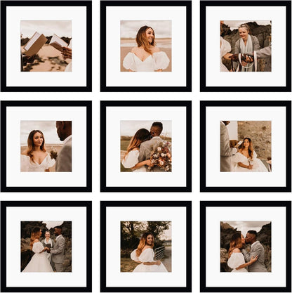 12X12 Picture Frame Set of 9, Display Pictures 8X8 with Mat or 12X12 without Mat, Multi Collage Gallery Square Photo Frames for Wall or Tabletop, Black1