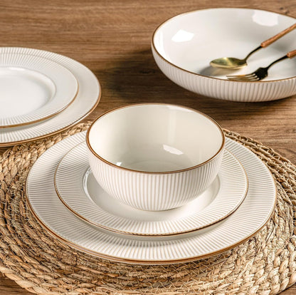 Ceramic Dinnerware Sets,12 Pcs Embossed Elegant Stoneware Plates and Bowls Sets, Housewarming Wedding Gift | Dishwasher & Microwave Safe | Dishes Set Service for 43