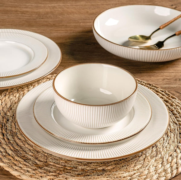 Ceramic Dinnerware Sets,12 Pcs Embossed Elegant Stoneware Plates and Bowls Sets, Housewarming Wedding Gift | Dishwasher & Microwave Safe | Dishes Set Service for 43