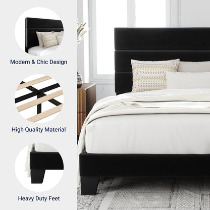 Queen Size Platform Bed Frame with Velvet Upholstered Headboard6
