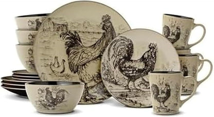 Homespun Rooster 16-Piece Dinnerware Set, Service for 4 Brown1